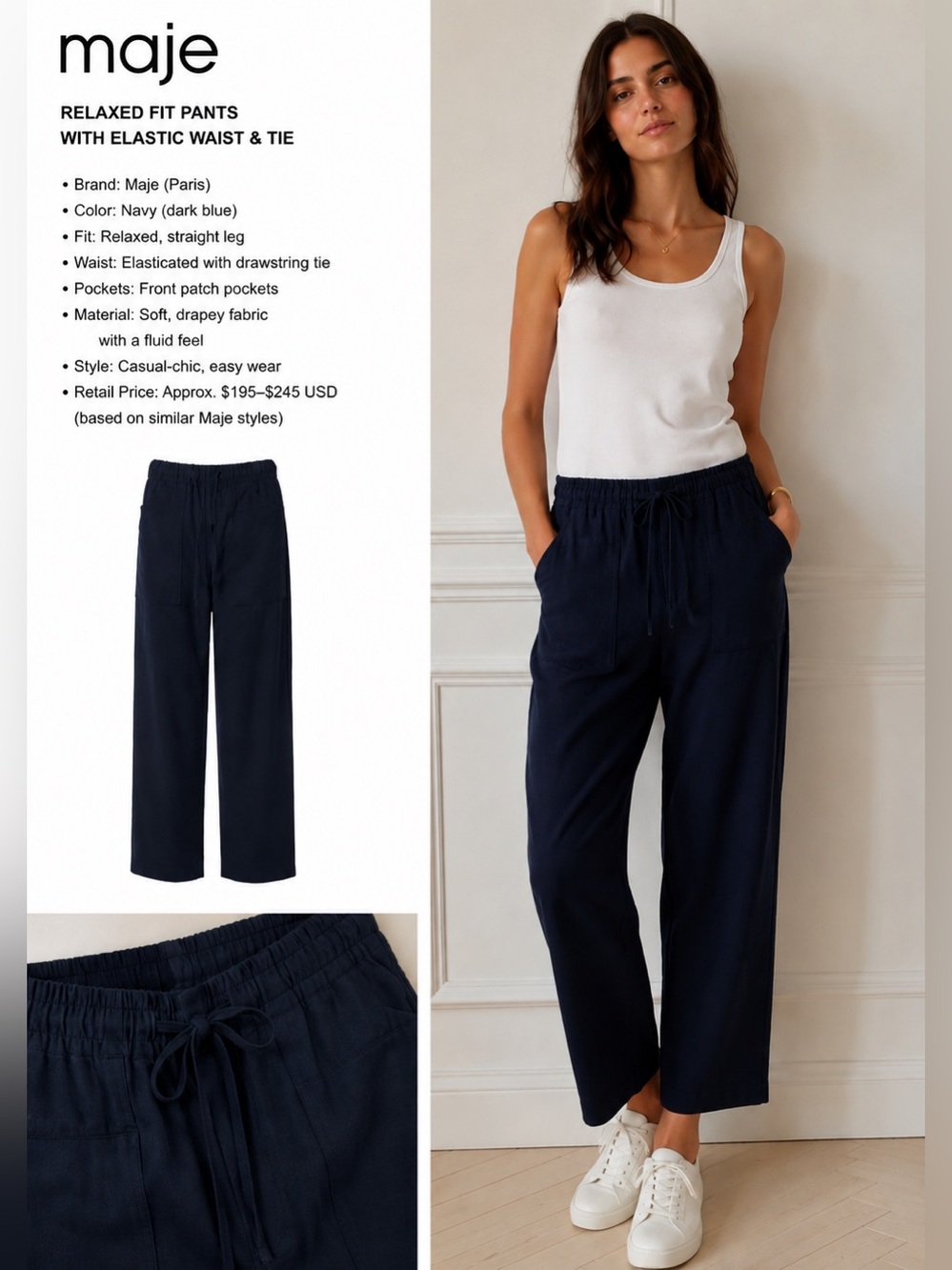 Maje Women’s pull on pants Navy Blue Cropped Straight Leg Elastic Tie Waist xs